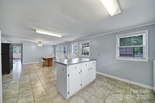 kitchen featuring ceiling fan, visible vents, baseboards, white cabinets, and ornamental molding
