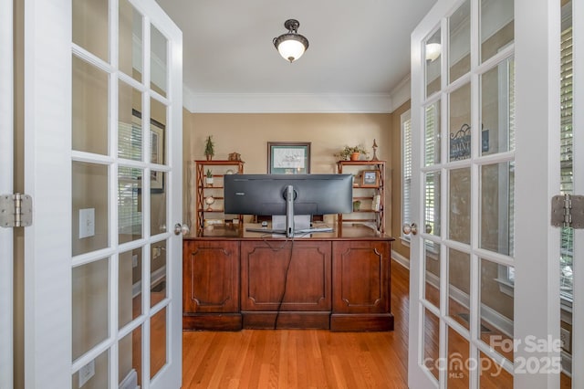 7730 Windsor Forest Pl, Harrisburg, NC 28075 - home office featuring ornamental molding, light wood-style flooring, baseboards, and french doors