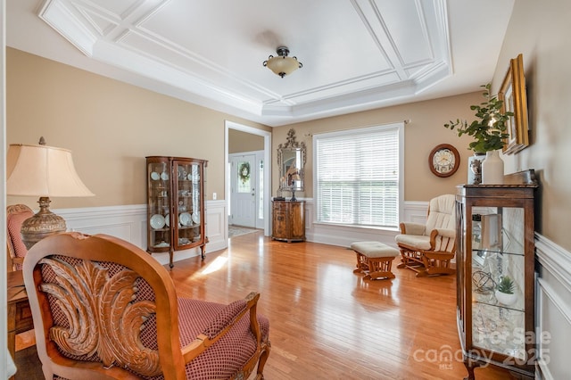 7730 Windsor Forest Pl, Harrisburg, NC 28075 - living area featuring light wood-type flooring, a raised ceiling, a decorative wall, and a wainscoted wall