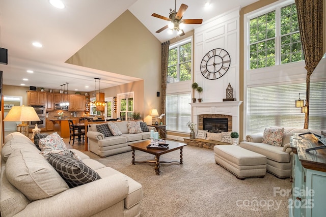 7730 Windsor Forest Pl, Harrisburg, NC 28075 - living room with a ceiling fan, a wealth of natural light, recessed lighting, and a high ceiling