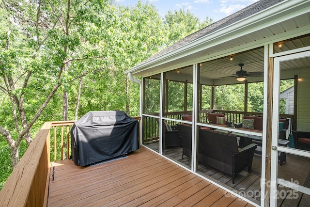 7730 Windsor Forest Pl, Harrisburg, NC 28075 - wooden terrace with grilling area, a sunroom, and ceiling fan