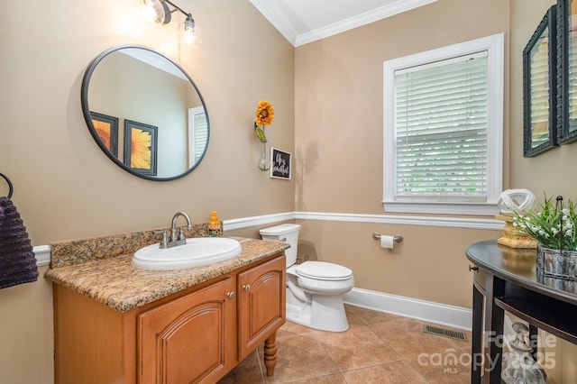7730 Windsor Forest Pl, Harrisburg, NC 28075 - half bath featuring toilet, crown molding, visible vents, tile patterned flooring, and vanity
