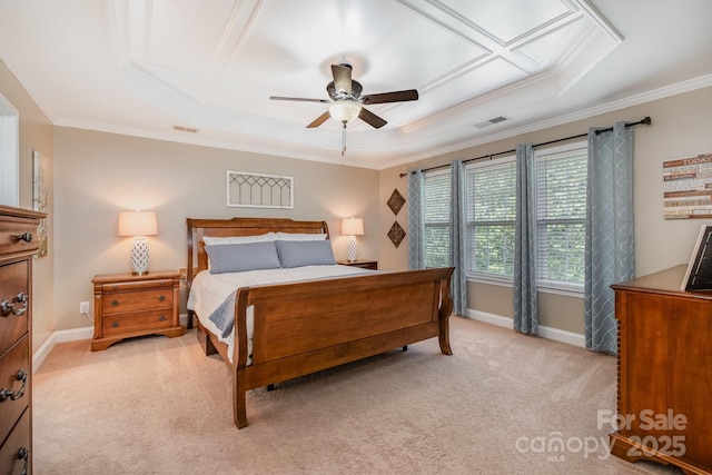 7730 Windsor Forest Pl, Harrisburg, NC 28075 - bedroom featuring baseboards, ornamental molding, visible vents, and light colored carpet
