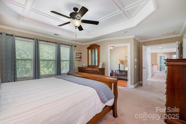 7730 Windsor Forest Pl, Harrisburg, NC 28075 - bedroom featuring ornamental molding, light carpet, a ceiling fan, and visible vents