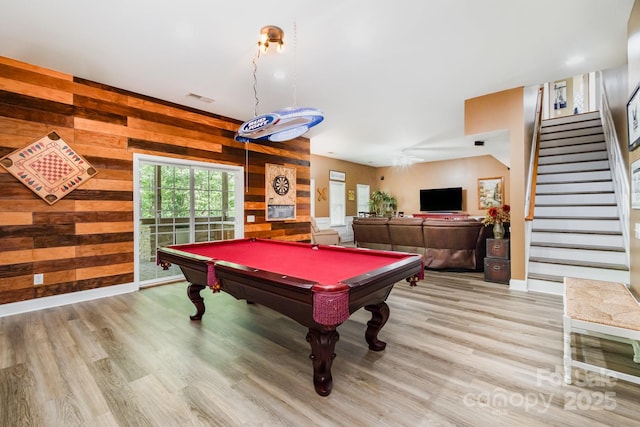 7730 Windsor Forest Pl, Harrisburg, NC 28075 - game room featuring wooden walls, pool table, visible vents, and light wood-style floors