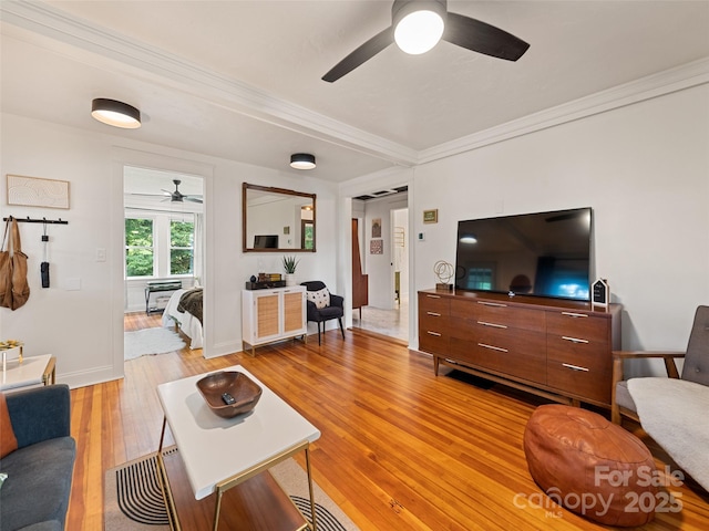 68 Piney Mountain Church Rd, Candler, NC 28715 - living area with baseboards, ceiling fan, ornamental molding, and light wood-style flooring