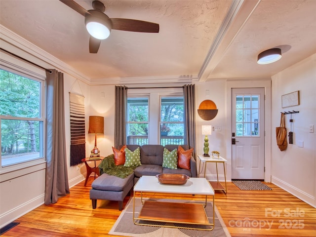 68 Piney Mountain Church Rd, Candler, NC 28715 - living room featuring visible vents, a ceiling fan, light wood finished floors, and baseboards