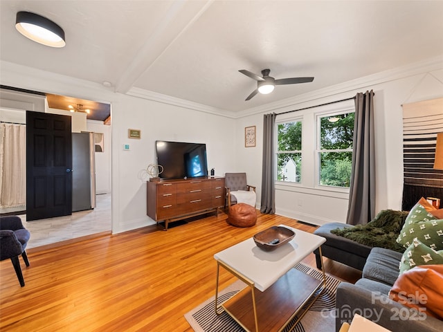 68 Piney Mountain Church Rd, Candler, NC 28715 - living room featuring visible vents, ornamental molding, light wood-style floors, baseboards, and ceiling fan