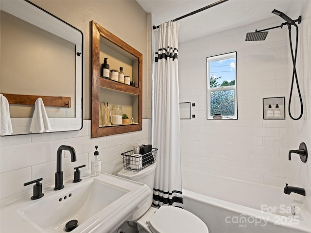 68 Piney Mountain Church Rd, Candler, NC 28715 - bathroom with shower / bath combination with curtain, toilet, tile walls, tasteful backsplash, and a sink