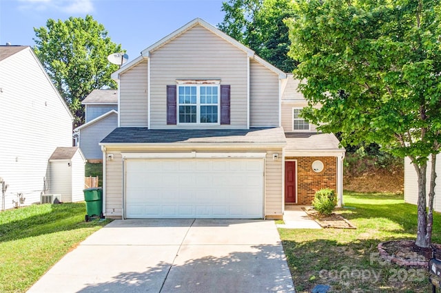 10330 Seedling Ln, Charlotte, NC 28214 - traditional-style house featuring driveway, an attached garage, a front yard, central air condition unit, and roof with shingles