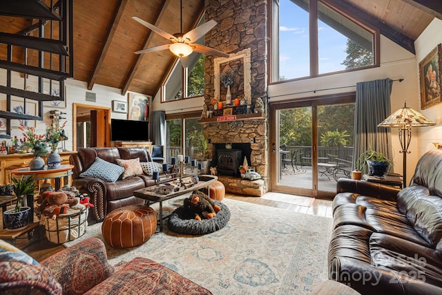 197 Gardenside Rd, Mars Hill, NC 28754 - living room featuring plenty of natural light, wooden ceiling, high vaulted ceiling, beamed ceiling, and hardwood / wood-style floors