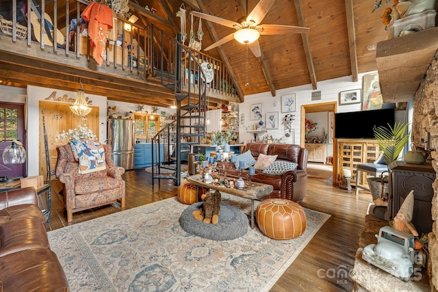 197 Gardenside Rd, Mars Hill, NC 28754 - living area featuring ceiling fan, wood finished floors, stairway, high vaulted ceiling, and beamed ceiling