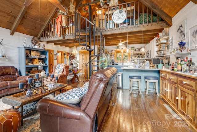 197 Gardenside Rd, Mars Hill, NC 28754 - living room featuring hardwood / wood-style flooring, wooden ceiling, high vaulted ceiling, beamed ceiling, and wooden walls