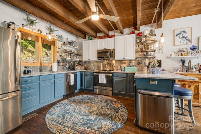 197 Gardenside Rd, Mars Hill, NC 28754 - kitchen featuring ceiling fan, open shelves, wooden ceiling, beamed ceiling, and stainless steel appliances