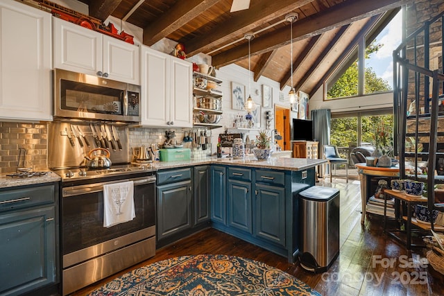 197 Gardenside Rd, Mars Hill, NC 28754 - kitchen with white cabinets, beam ceiling, stainless steel appliances, a peninsula, and wooden ceiling