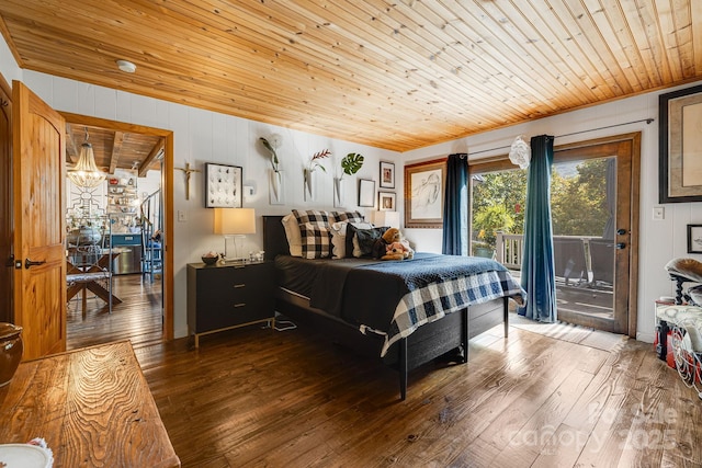 197 Gardenside Rd, Mars Hill, NC 28754 - bedroom with an inviting chandelier, access to exterior, wood ceiling, and hardwood / wood-style flooring