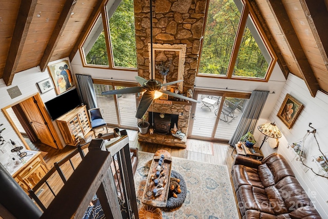 197 Gardenside Rd, Mars Hill, NC 28754 - living room with wood-type flooring, beamed ceiling, wooden ceiling, and plenty of natural light