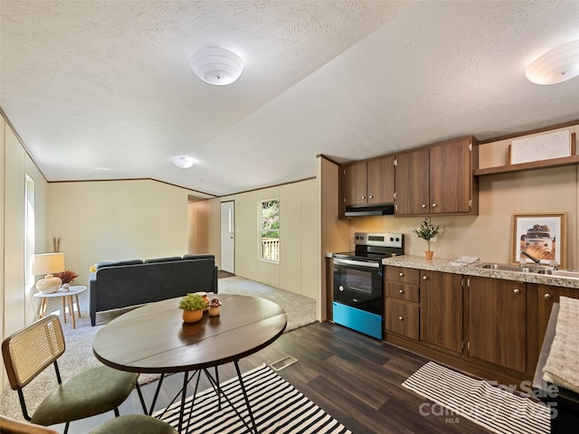700 Cove Creek Rd, Waynesville, NC 28785 - kitchen featuring electric range, a sink, light countertops, dark wood-style floors, and under cabinet range hood