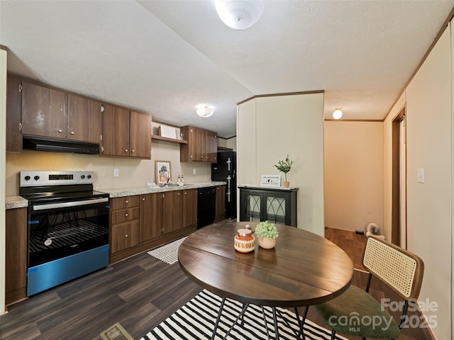700 Cove Creek Rd, Waynesville, NC 28785 - kitchen featuring dark wood-style flooring, range hood, open shelves, light countertops, and black appliances