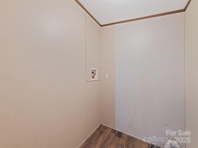 700 Cove Creek Rd, Waynesville, NC 28785 - clothes washing area featuring crown molding, washer hookup, dark wood finished floors, and laundry area