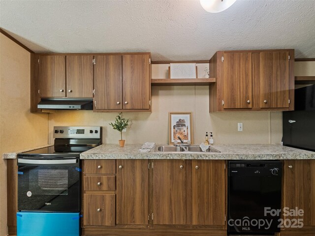 700 Cove Creek Rd, Waynesville, NC 28785 - kitchen featuring electric range, a sink, light countertops, under cabinet range hood, and black dishwasher