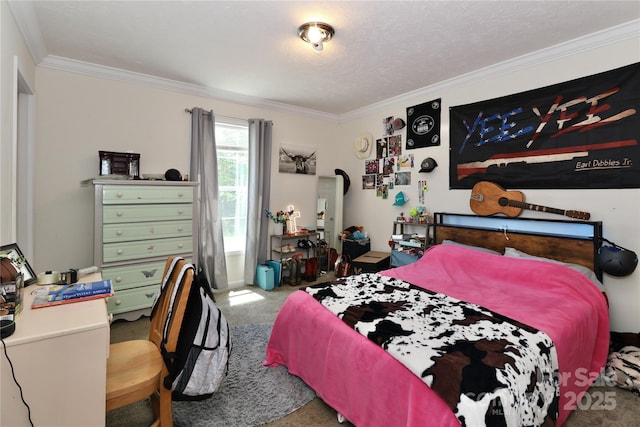 bedroom featuring crown molding and carpet flooring