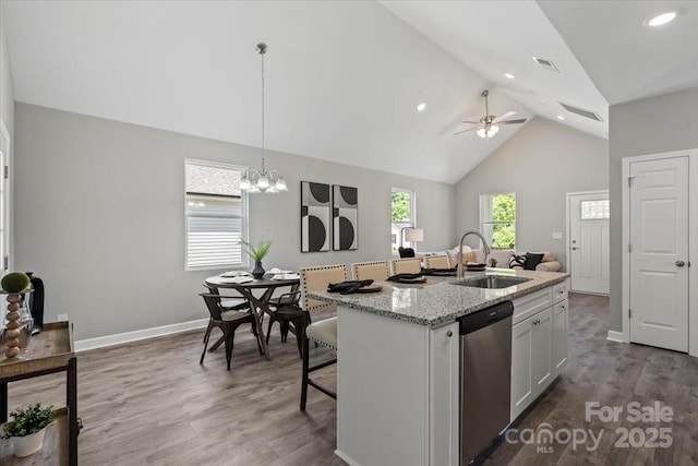 kitchen featuring white cabinets, a sink, dishwasher, high vaulted ceiling, and visible vents