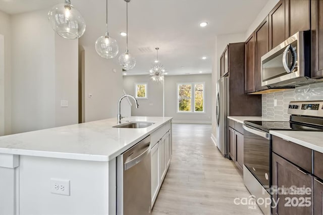 842 Van Every St, Charlotte, NC 28205 - kitchen featuring a kitchen island with sink, a sink, light wood finished floors, backsplash, and stainless steel appliances