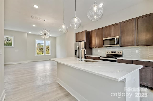 842 Van Every St, Charlotte, NC 28205 - kitchen featuring light wood-style floors, an island with sink, a sink, backsplash, and stainless steel appliances
