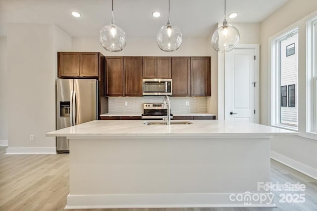 842 Van Every St, Charlotte, NC 28205 - kitchen with baseboards, an island with sink, light wood finished floors, backsplash, and stainless steel appliances