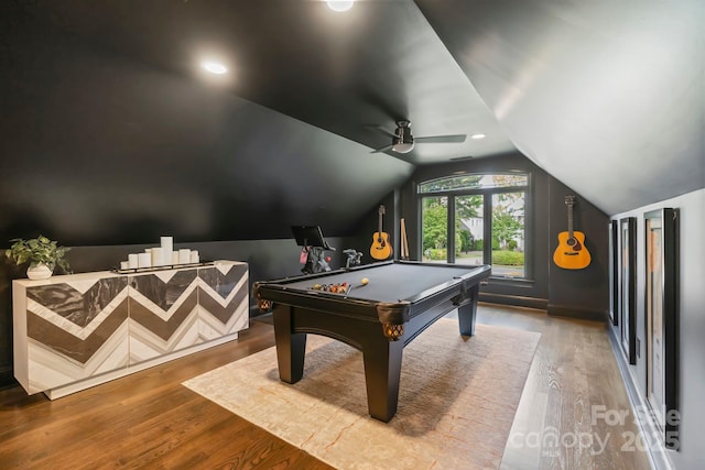 playroom with wood finished floors, baseboards, ceiling fan, billiards, and vaulted ceiling