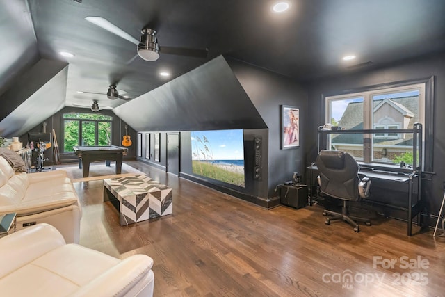home theater room with ceiling fan, baseboards, pool table, wood finished floors, and lofted ceiling