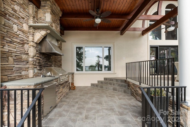 property entrance featuring area for grilling, ceiling fan, stone siding, and stucco siding