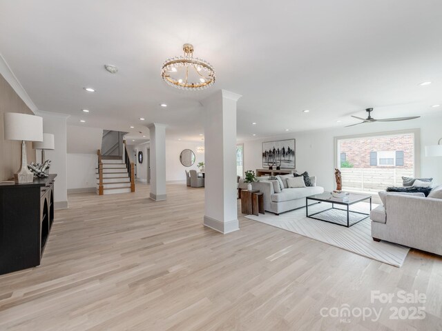 3501 Providence Rd, Charlotte, NC 28211 - living area with ornate columns, ceiling fan, light wood-style flooring, healthy amount of natural light, and recessed lighting