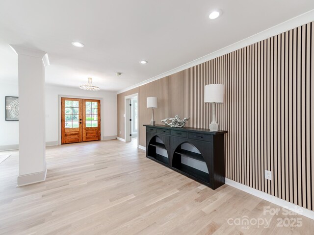 3501 Providence Rd, Charlotte, NC 28211 - entryway with crown molding, light wood-style floors, baseboards, recessed lighting, and a chandelier