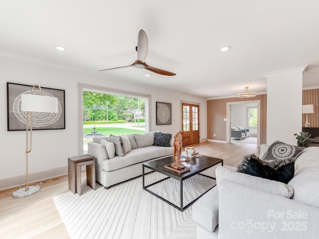 3501 Providence Rd, Charlotte, NC 28211 - living area with crown molding, baseboards, a ceiling fan, light wood-style floors, and recessed lighting