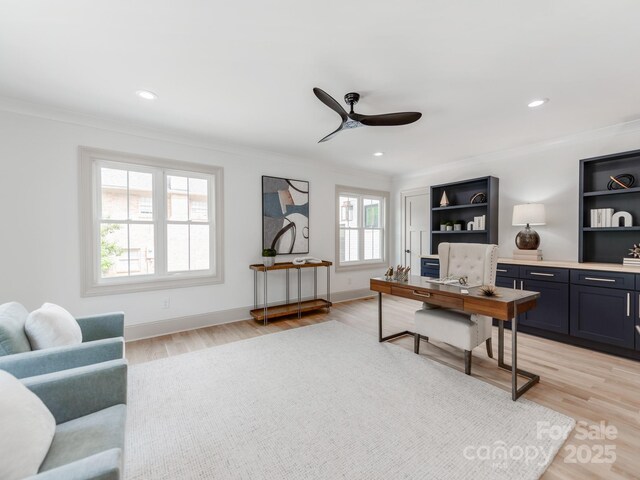 3501 Providence Rd, Charlotte, NC 28211 - office area featuring crown molding, a ceiling fan, light wood-type flooring, baseboards, and recessed lighting