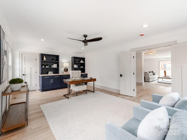 3501 Providence Rd, Charlotte, NC 28211 - living area featuring a desk, a ceiling fan, light wood-type flooring, crown molding, and recessed lighting