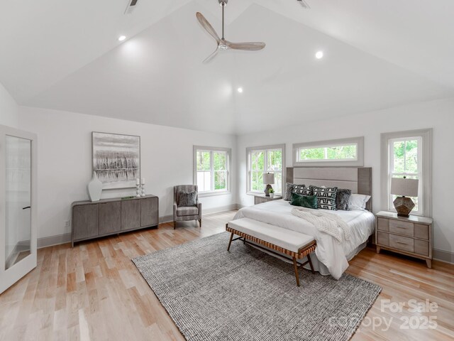 3501 Providence Rd, Charlotte, NC 28211 - bedroom with high vaulted ceiling, light wood-type flooring, baseboards, a ceiling fan, and recessed lighting
