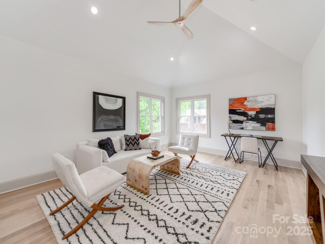 3501 Providence Rd, Charlotte, NC 28211 - living room with baseboards, light wood-type flooring, a ceiling fan, recessed lighting, and high vaulted ceiling