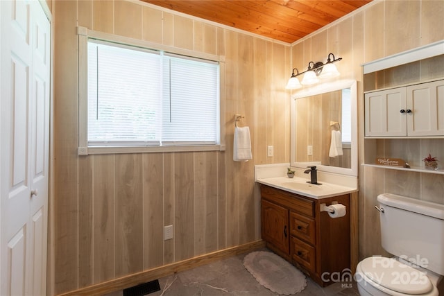 half bath featuring wood ceiling, toilet, wood walls, and vanity