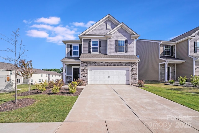 356 Runner Stone Ln, Fort Mill, SC 29715 - view of front of house featuring concrete driveway, stone siding, a garage, and a front lawn
