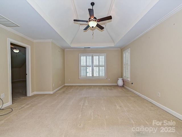 16511 Bridgehampton Club Dr, Charlotte, NC 28277 - spare room featuring ceiling fan, light carpet, a raised ceiling, ornamental molding, and baseboards