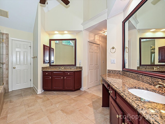 16511 Bridgehampton Club Dr, Charlotte, NC 28277 - full bathroom featuring a ceiling fan, ornamental molding, tile patterned flooring, baseboards, and a tile shower