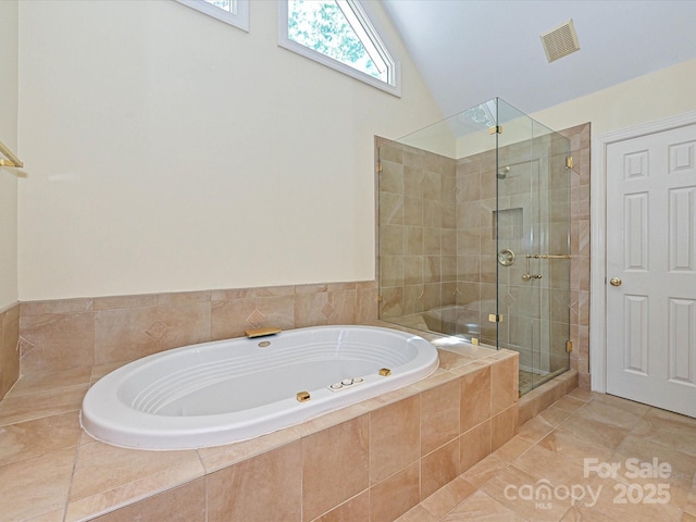 16511 Bridgehampton Club Dr, Charlotte, NC 28277 - bathroom featuring a stall shower, a bath, tile patterned floors, and high vaulted ceiling