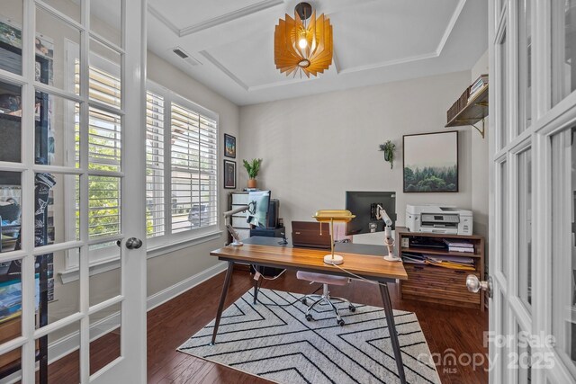 office with baseboards, french doors, wood finished floors, and visible vents