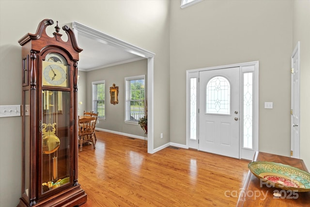 entrance foyer featuring crown molding, baseboards, and light wood-type flooring