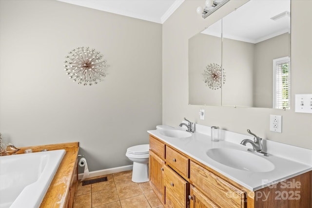 full bathroom featuring double vanity, ornamental molding, a sink, and a garden tub