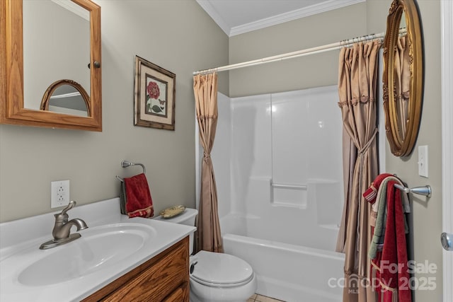 bathroom featuring toilet, ornamental molding, shower / tub combo, and vanity