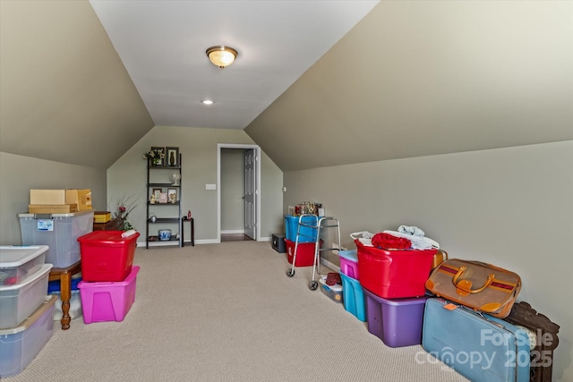 playroom featuring baseboards, carpet, and lofted ceiling